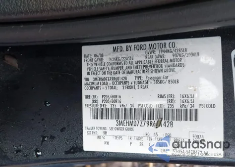 2009 Mercury Milan I4 z USA, uszkodzony, nr VIN 3MEHM07Z79R601428